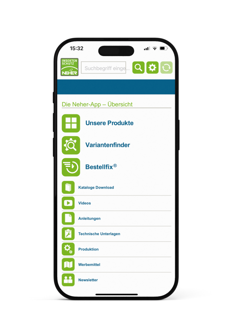 iPhone 16 Mockup mit geöffneter Neher App