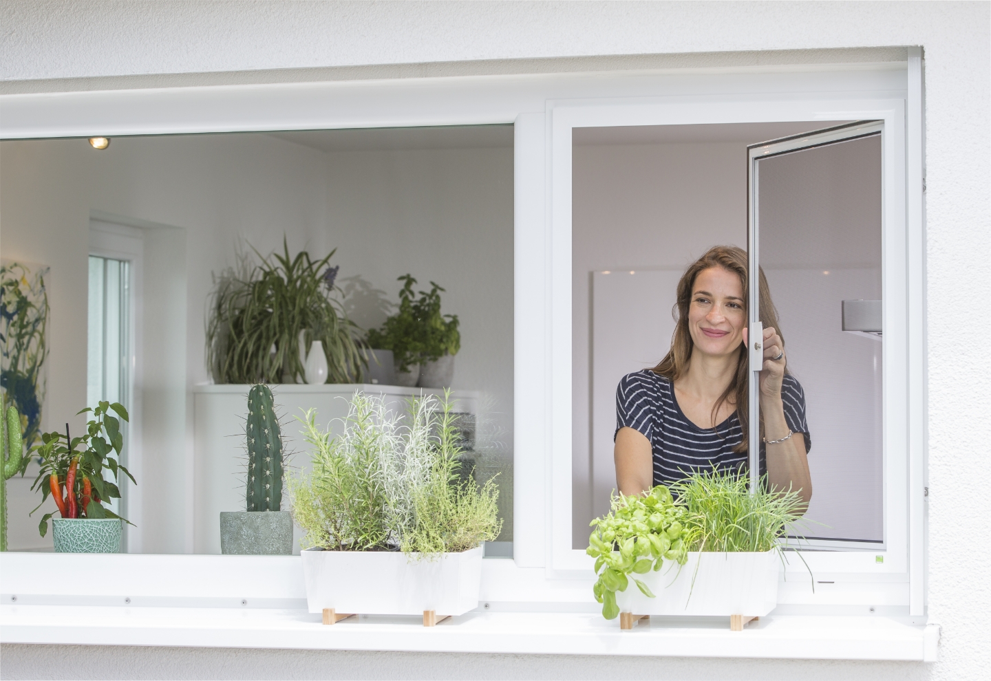 Eine Frau öffnet das Insektenschutz-Drehfenster und blickt auf die Fensterbank mit Kräutertöpfen.