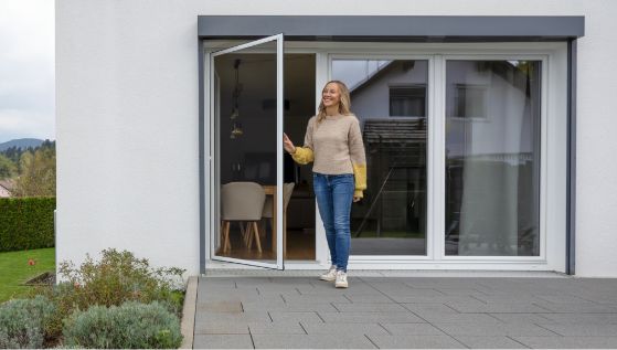 Neher Pendeltür an der Terrassentür. Optional ohne Sprosse: klare Durchsicht, schlanker Rahmen, bequemes Öffnen in beide Richtungen.