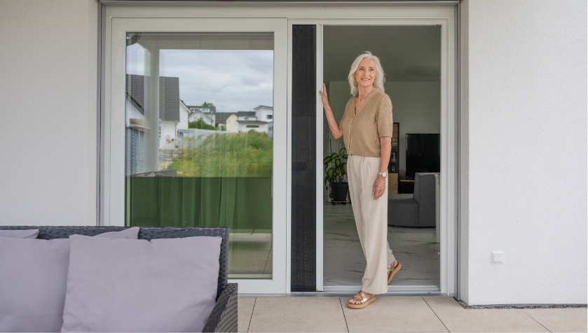 Vor einer großen Terrassen‑Schiebetür wird ein weißes Neher Insektenschutz‑Plissee mit einer Hand leichtgängig zur Seite geschoben.