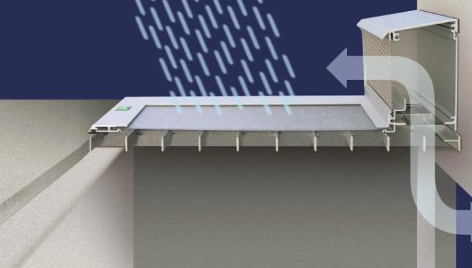Schnittdarstellung der Neher RESi Lichtschachtabdeckung mit Belüftungsmodul; Regen prallt ab, Luft strömt ein und aus.